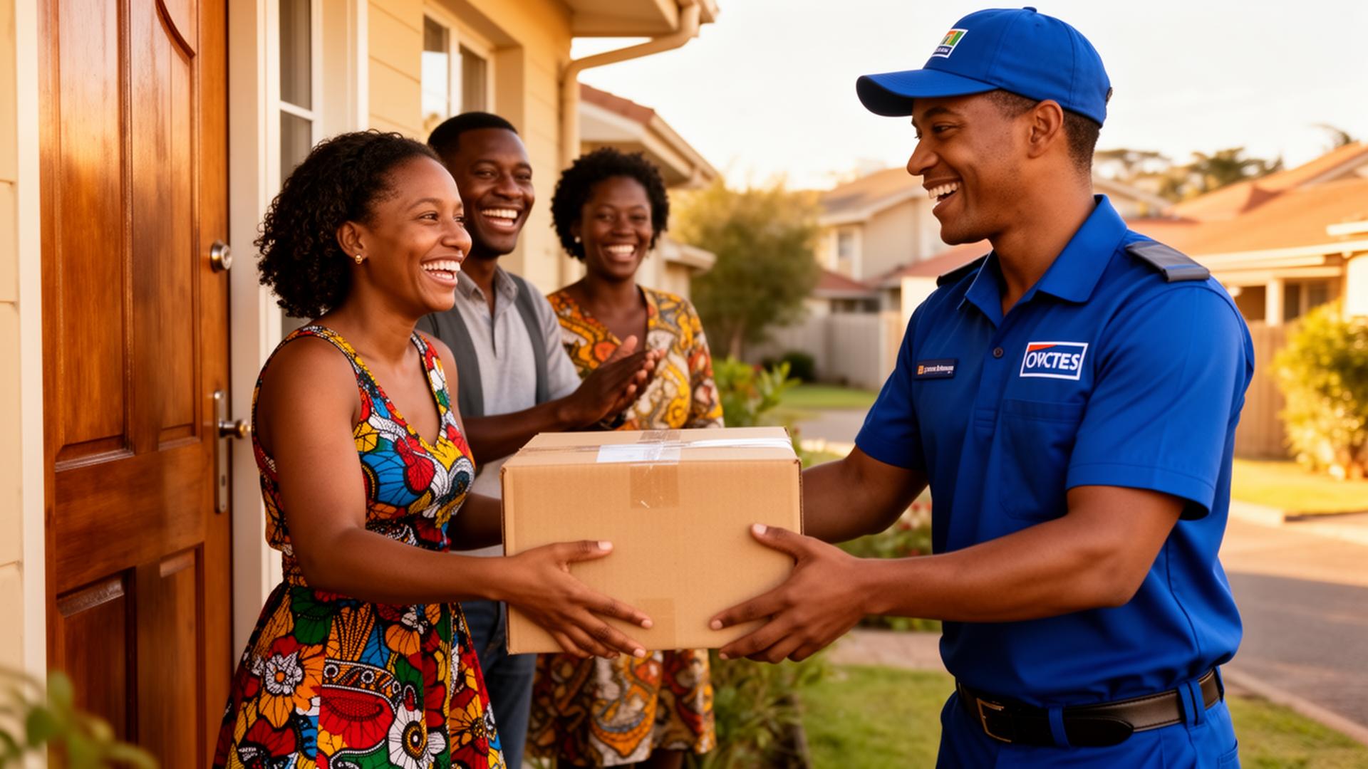 Happy South Africans handing a package to a courier
