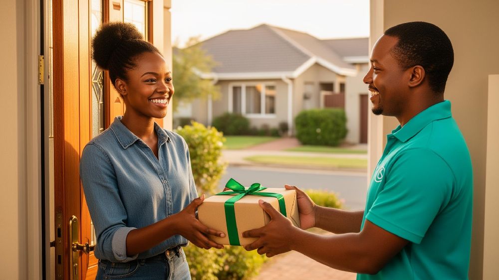 South African seller handing a package to a courier